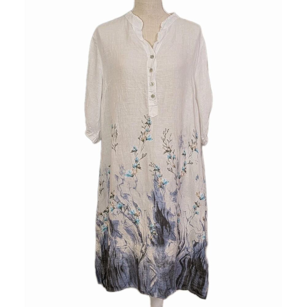 100% Lino Italy Linen Lagenlook Tunic Midi Dress Floral Pockets V Neck Size M